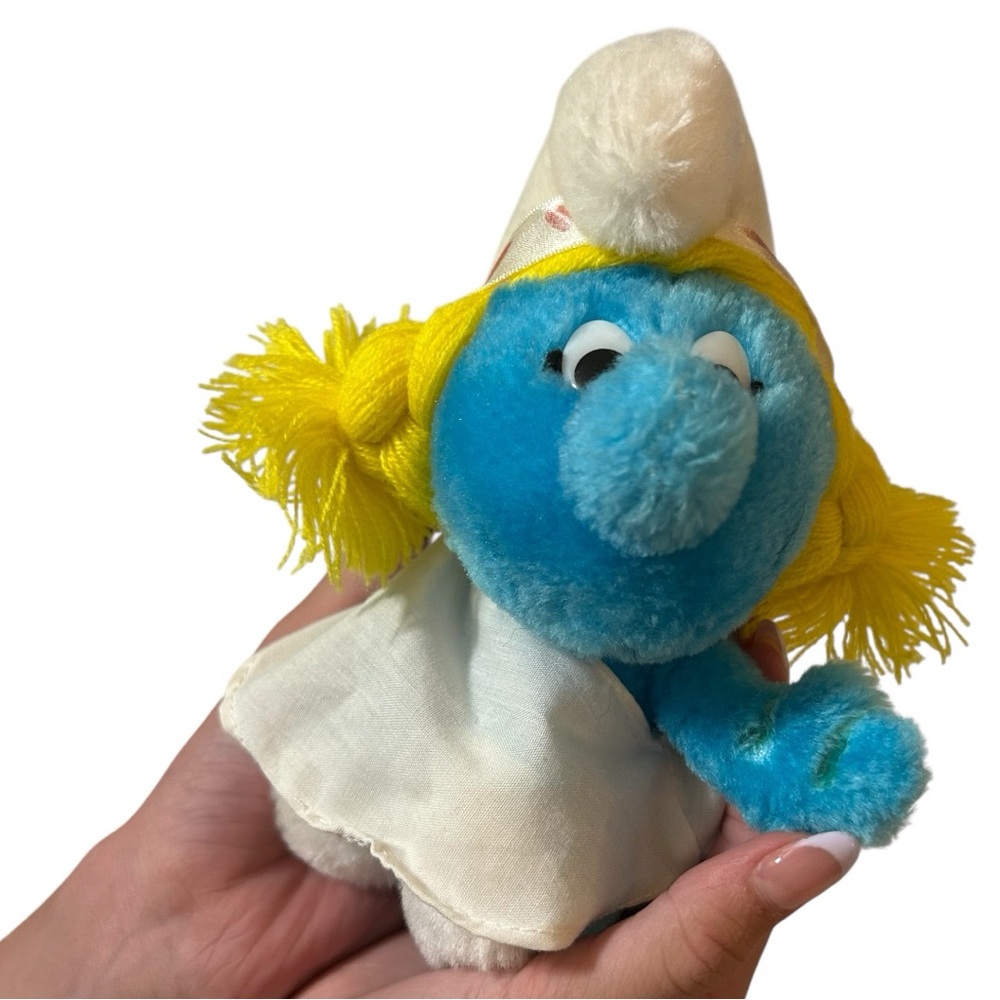 Vintage 1983 Smurfette Plush Doll with heart decor, wings, original tag size 7”